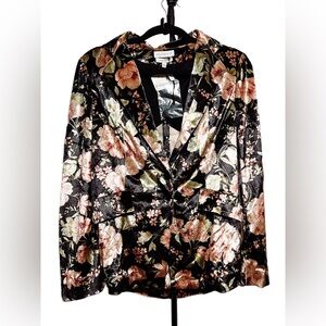 Anatomie Black Velvet Floral Blazer with Pink and Green Accents